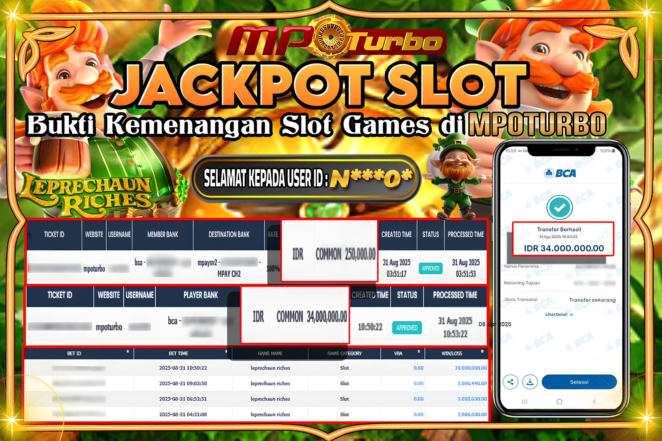 MPOTURBO JACKPOT  LEPRECHAUN RICHES - PG SOFT Rp 34,000,000.00,- LUNAS